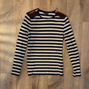 LAUREN Ralph Lauren Cream/Navy Striped Tee w/ Suede shoulder zipper accents